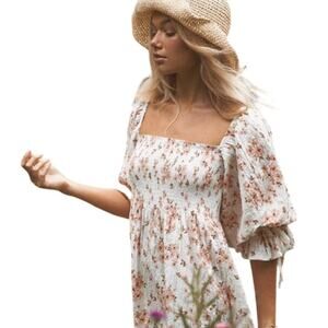 Coven & Co L Womens White Meadow Gown Dress Smocked Romantic Cottage